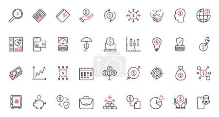 Illustration for Money income and expenses, global finance red black thin line icons set vector illustration. Cash flow, bank agreement and accounting, wallet savings and security of banking mobile app. - Royalty Free Image
