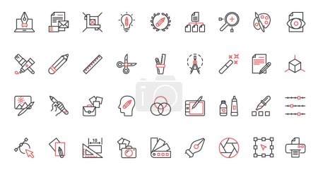 Graphic design red black thin line icons set vector illustration. Tools for creative projects of designer, software and stationery for interface panel in mobile app, pack for creators portfolio.