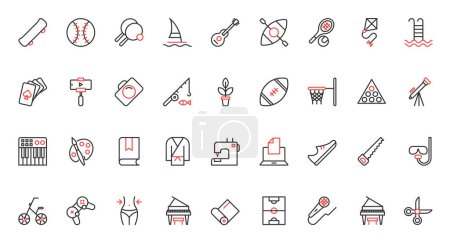 Illustration for Hobby red black thin line icons set vector illustration. Weekend leisure and sport game symbols with music art and sport, reading and skateboarding, swimming and fishing, photography and vlogging. - Royalty Free Image