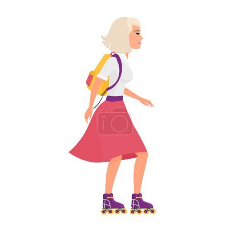 Illustration for Side view of student girl with rollers skating. Female student with backpack cartoon vector illustration - Royalty Free Image