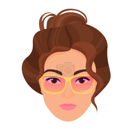 Illustration for Woman head with stylish bun. Female face with glamorous glasses cartoon vector illustration - Royalty Free Image