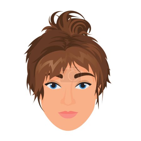 Illustration for Woman head with hair bun. Female face with home hairstyle cartoon vector illustration - Royalty Free Image