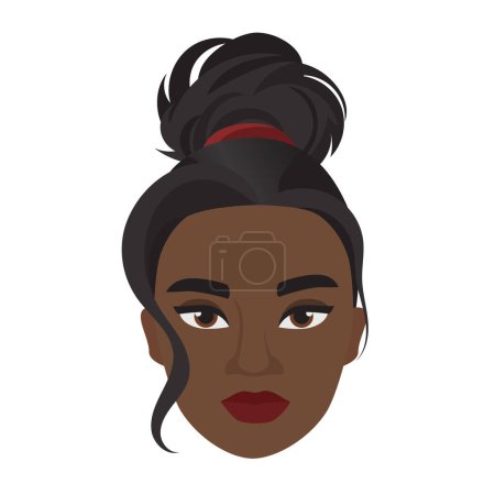Ilustración de Cabeza de mujer africana con moño elegante. Cara femenina con glamoroso peinado ilustración vector de dibujos animados - Imagen libre de derechos
