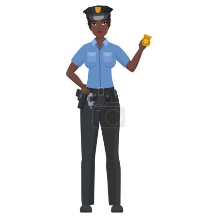 Illustration for Black police woman shows badge. Female police officer in standing position cartoon vector illustration - Royalty Free Image