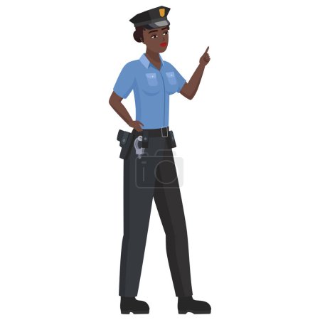 Illustration for Black police woman with pointing finger. Pointing female police officer cartoon vector illustration - Royalty Free Image