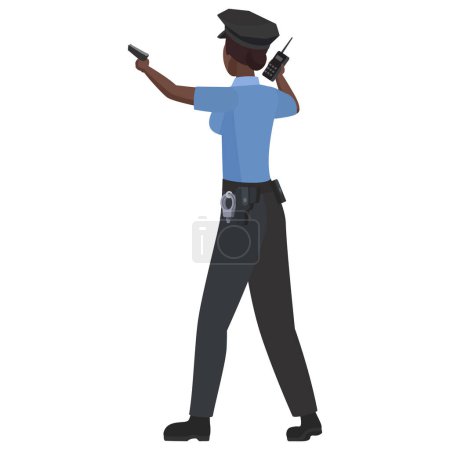Illustration for Back view of black woman police pointing with gun. African female officer with walkie talkie cartoon vector illustration - Royalty Free Image