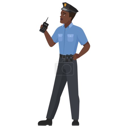 Illustration for Black policeman with walkie talkie. Patrol service police officer cartoon vector illustration - Royalty Free Image
