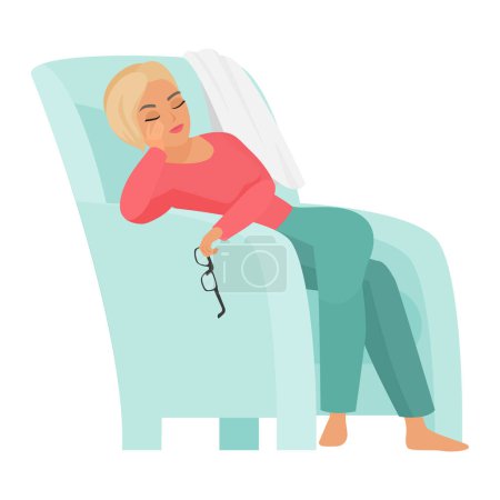 Illustration for Sleeping doctor woman in armchair. Relaxed hospital worker cartoon vector illustration - Royalty Free Image
