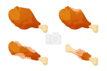 Téléchargez les illustrations : Jeu de jambes de poulet mangé, animation de jeu de séquence. étapes animées de manger pilon frit entier avec peau croustillante, pas de mouvement de la cuisse mordue à l'os avec de petits morceaux illustration vectorielle de dessin animé - en licence libre de droit