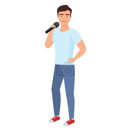 Ilustración de Adolescente cantando karaoke. Niño sosteniendo micrófono ilustración vector de dibujos animados - Imagen libre de derechos