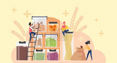 Illustration for Storage of dry grocery bulk products in kitchen pantry. Tiny people packing pieces of dry fruit and heap of cereals, spaghetti and coffee in plastic or glass containers cartoon vector illustration - Royalty Free Image