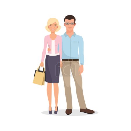 Téléchargez les illustrations : Homme et femme heureux debout ensemble et câlins, câlins de deux personnages confiants illustration vectorielle - en licence libre de droit
