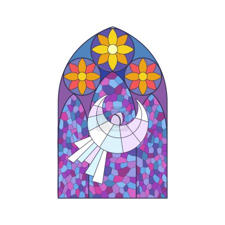 Illustration for Stained glass arch window of Christian temple, flying white angel and red flowers pattern vector illustration - Royalty Free Image