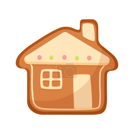 Christmas gingerbread cookie, cake of house shape with window and door, chimney on roof vector illustration