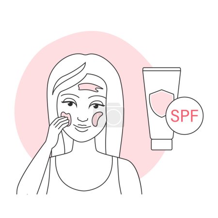 Illustration for Girl applying spf cream. Solar protective cream, body skin care line vector illustration - Royalty Free Image