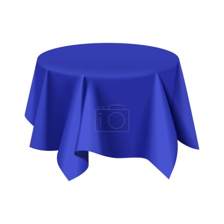 Blue satin tablecloth covered round table, 3D pedestal draped with fabric vector illustration
