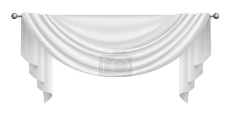 Ilustración de Cortinas blancas, cortinas 3D de tela de seda de lujo pliegues drapeado en la ilustración de vectores de cornisa de tubo de plata - Imagen libre de derechos