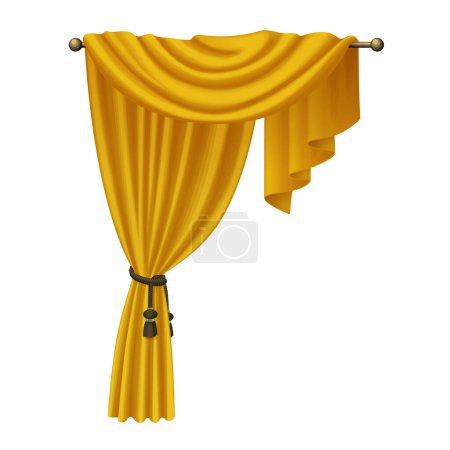 Ilustración de Cortinas de oro con cortinas de tela de seda, 3D cuelgan en la ilustración vector cornisa - Imagen libre de derechos