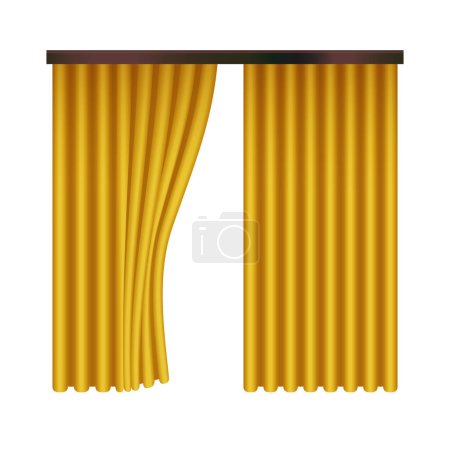 Ilustración de Apertura de cortinas 3D de oro, empujando hacia atrás satén o tela de seda cortinas para abrir espacio vector ilustración - Imagen libre de derechos