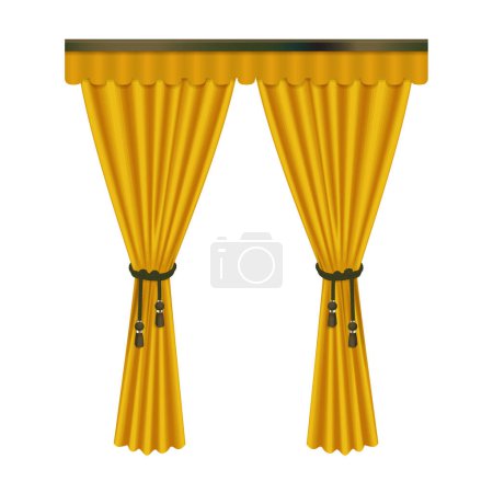 Ilustración de Cortinas doradas con lambrequín y cortina, nudo de cordón con borla y flecos, ilustración vectorial de elementos de decoración 3D - Imagen libre de derechos