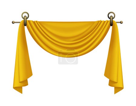 Ilustración de Cortinas de oro 3D en cornisa de tubería con elementos de decoración círculo de metal vector ilustración - Imagen libre de derechos