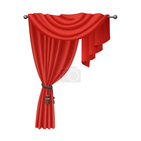 Ilustración de Cortinas rojas 3D con elegante patrón de tela pliegues de seda, cordón cordón y colgante con borlas ilustración vector - Imagen libre de derechos