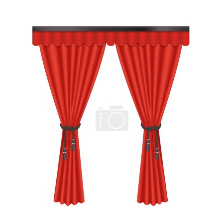 Ilustración de Cortinas clásicas rojas para ventana, tela 3D cubierta con cuerda negra e ilustración vectorial borlas - Imagen libre de derechos