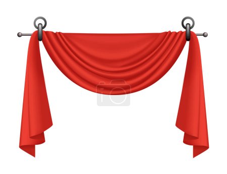 Ilustración de Cortinas rojas 3D con cortinas y anillos decorativos en la ilustración del vector de cornisa de tubería - Imagen libre de derechos