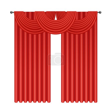Ilustración de Cortinas rojas 3D con suaves cortinas elegantes de seda de tela en la ilustración vector cornisa - Imagen libre de derechos
