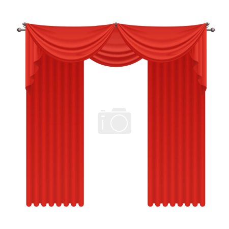 Cortinas abiertas rojas 3D para la ventana del pasillo, habitación de lujo, decoración de teatro vintage vector ilustración
