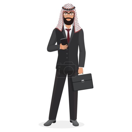 Arab businessman in suit holding briefcase and phone, man with beard standing vector illustration