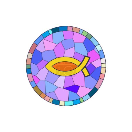 Stained glass round window with Jesus fish Christian religious symbol vector illustration