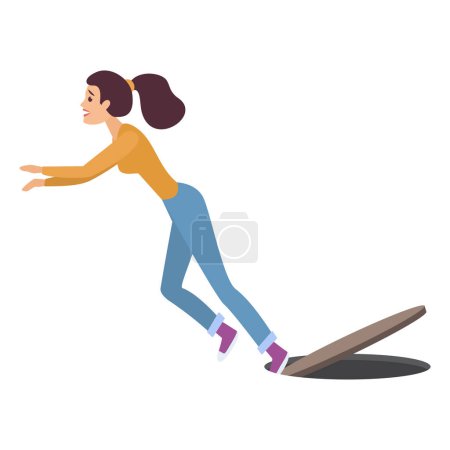 Mujer descuidada caminando, chica resbalada cayendo en la ilustración de vector de escotilla de alcantarillado abierto