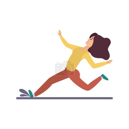 Mujer corriendo en el camino mojado, deslizándose en charco y cayendo abajo ilustración vectorial