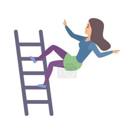 Mujer subir escaleras, personaje femenino cayendo con riesgo de lesión vector ilustración