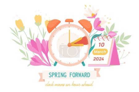 Spring Forward 2024. Sommerzeit Informationen Banner Erinnerung mit Blumen, um Zeitplan zu ändern und Uhrzeiger 1 Stunde auf Sommerzeit zu verschieben, Kalender mit Datum 10. März Zeichentrickvektorillustration