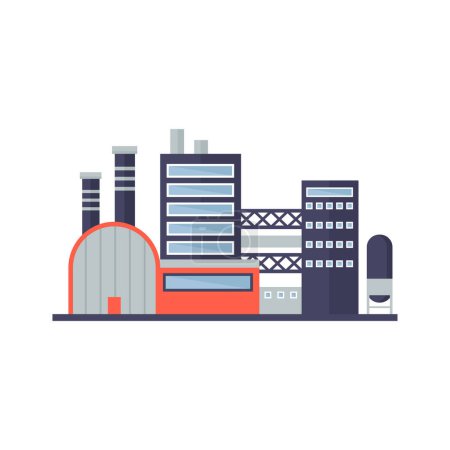 Téléchargez les illustrations : Bâtiments d'usine, hangar et pont vers les tours industrielles, illustration vectorielle de cheminée - en licence libre de droit