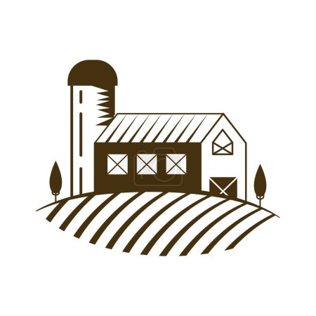 Téléchargez les illustrations : Fermes pour l'entreposage des récoltes de blé, scène rétro avec grange et tour sur les terres agricoles illustration vectorielle - en licence libre de droit