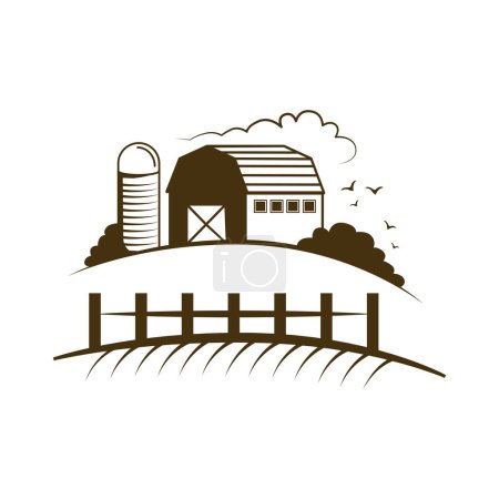 Illustration for Farm landscape with village house, grain elevator and trees behind fence vector illustration - Royalty Free Image