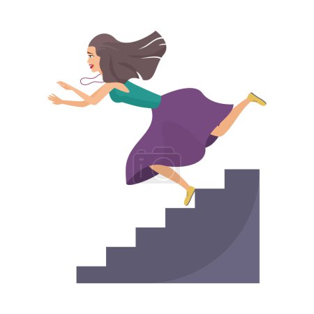 Fall of young woman from stairs, slippery failure, fiasco problem and bad luck of girl vector illustration