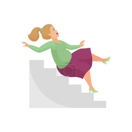 Mujer con sobrepeso cayendo de escaleras, más tamaño personaje femenino deslizamiento vector ilustración