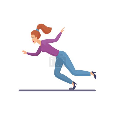 Illustration for Woman running along road, girl slipping on obstacle and falling vector illustration - Royalty Free Image