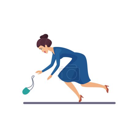 Femme en robe marchant en talons hauts, glissant et tombant au sol illustration vectorielle