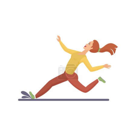 Mujer corriendo rápido, personaje femenino cayendo en el suelo húmedo o la ilustración vector de superficie de la carretera