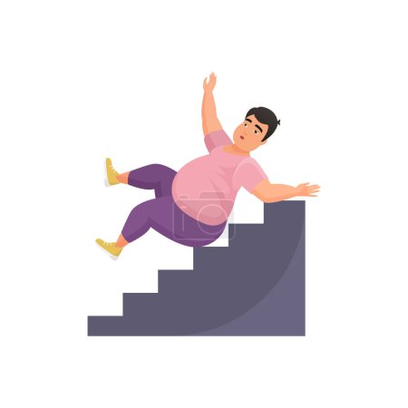 Overweight man falling down from stairs, plus size male character slipping on step vector illustration
