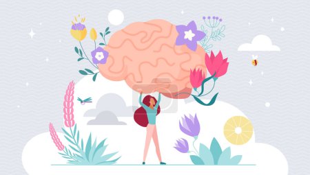 Mental health, positive mindset, relax and selfcare. Tiny girl holding human brain in blooming flowers to protect and care for mind, psychology therapy for thoughts cartoon vector illustration