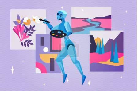 Illustration for Art content generator, creativity of artificial intelligence. Robot artist with brush and palette flying to draw creative picture in virtual digital gallery of artworks cartoon vector illustration - Royalty Free Image
