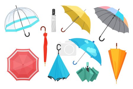 Closed and open umbrellas set. Cute waterproof parasols with handle to protect from autumn and spring rain and storm, colorful modern umbrellas collection for rainy weather cartoon vector illustration
