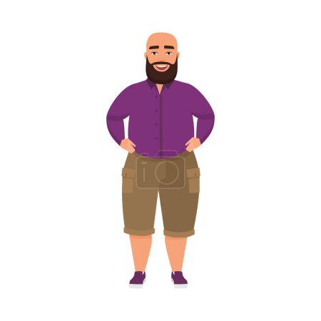 Illustration for Fat bald happy man standing with arms akimbo, male character with big belly and beard vector illustration - Royalty Free Image
