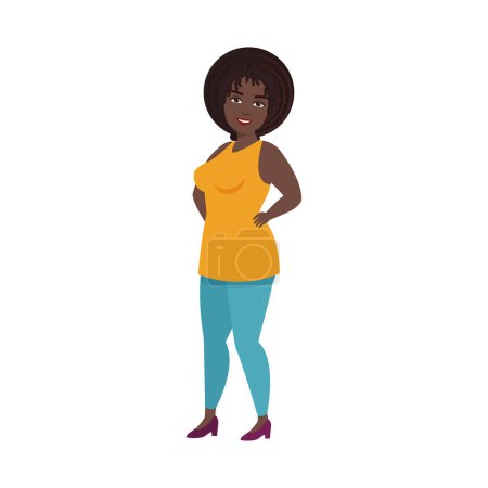 Mujer alegre curvas de pie, cuerpo feliz modelo de moda positiva con afro estilo pelo vector ilustración